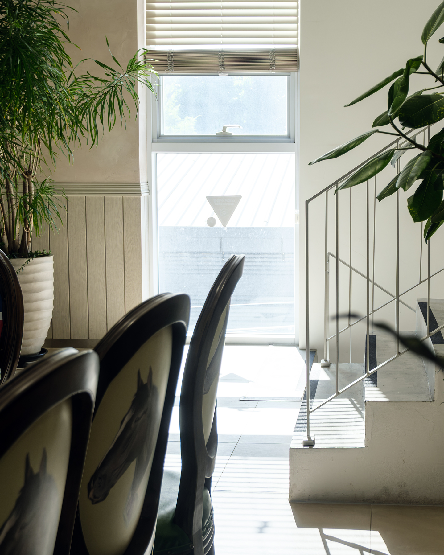 Chair - Sunlight through window blinds illuminates indoor chairs, leafy plants, and a white stair railing in a calm interior. - #Cafe #Flower #Chair #Table #HouseYongam #SouthKorea