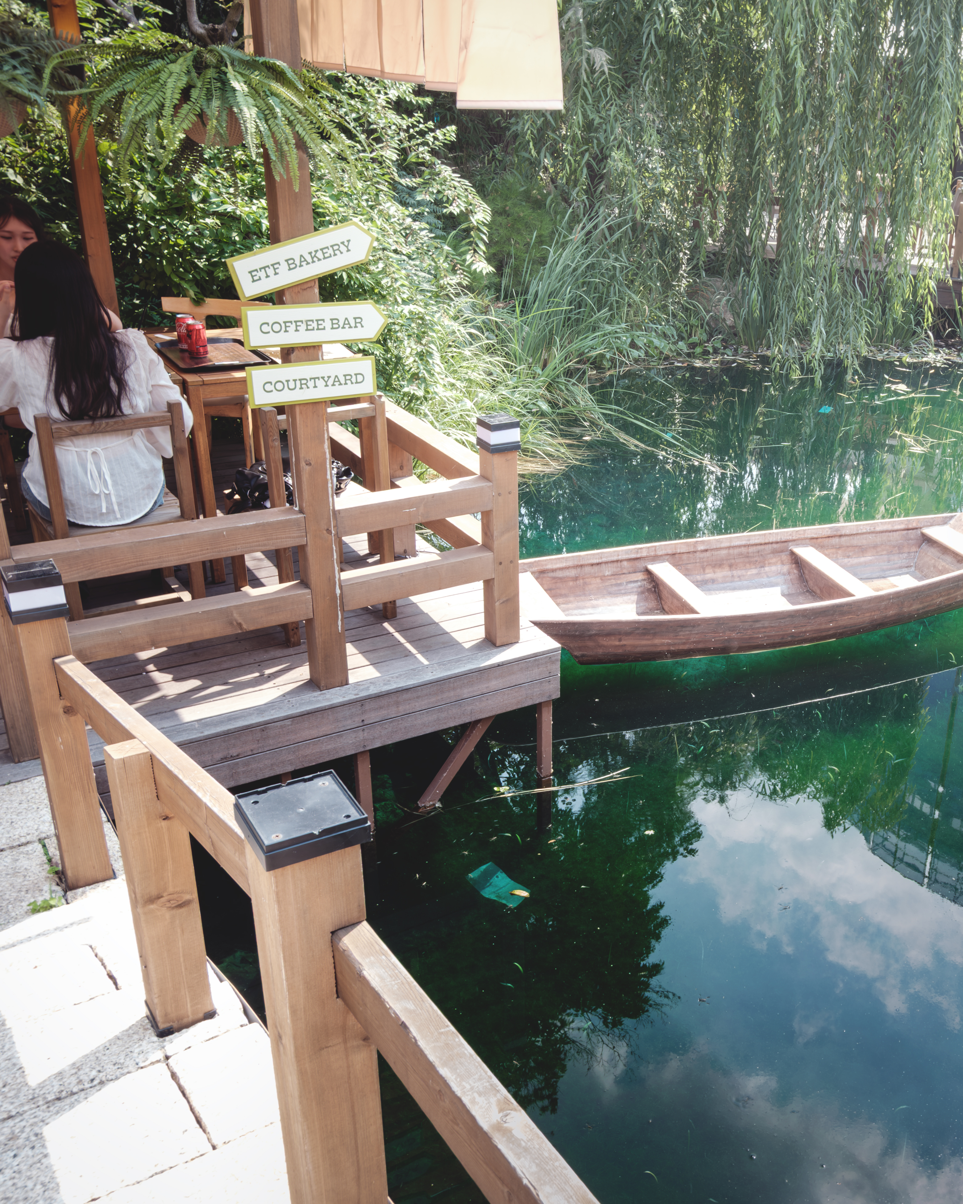 ETF Cafe - Sunlit wooden cafe deck with directional signs overlooks green water, a rowboat, and dense hanging foliage. - #Cafe