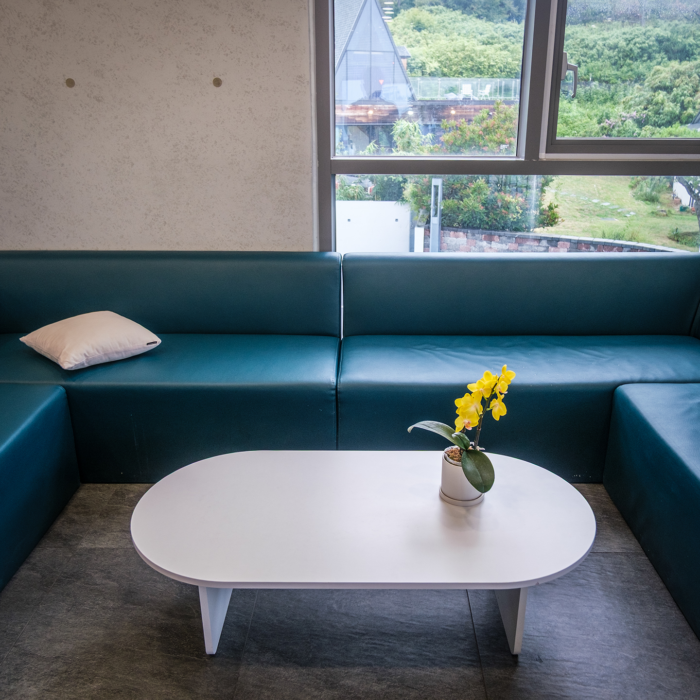 Hi Flora - A yellow orchid sits on a white table before a teal sofa and large window overlooking a green garden. - #Cafe