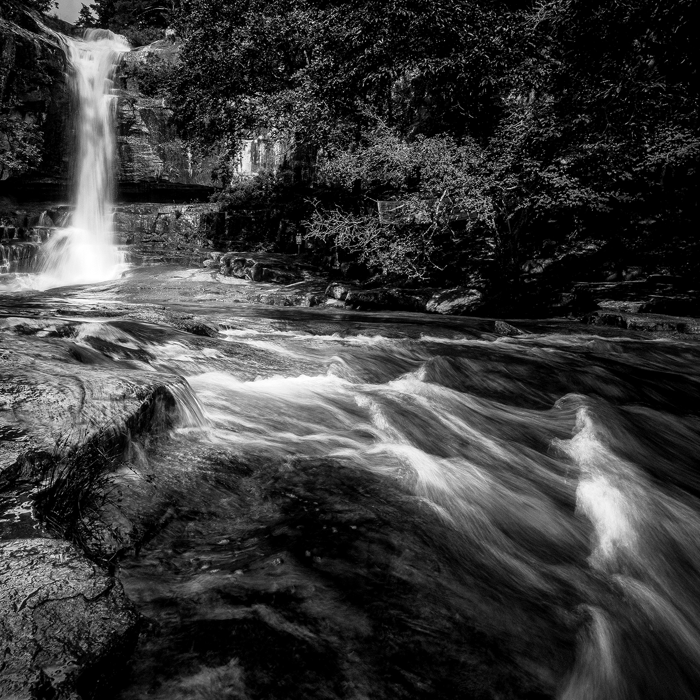 Suyok Falls - A black-and-white view shows a waterfall dropping into a rocky stream beneath dense forest, with blurred rushing water in the foreground. - #SuyokFalls #SuyokWaterfall #KoreanWaterfall #WaterfallPhotography #WaterfallLovers #NaturePhotography #NatureLovers #KoreaTravel #TravelKorea #Vi