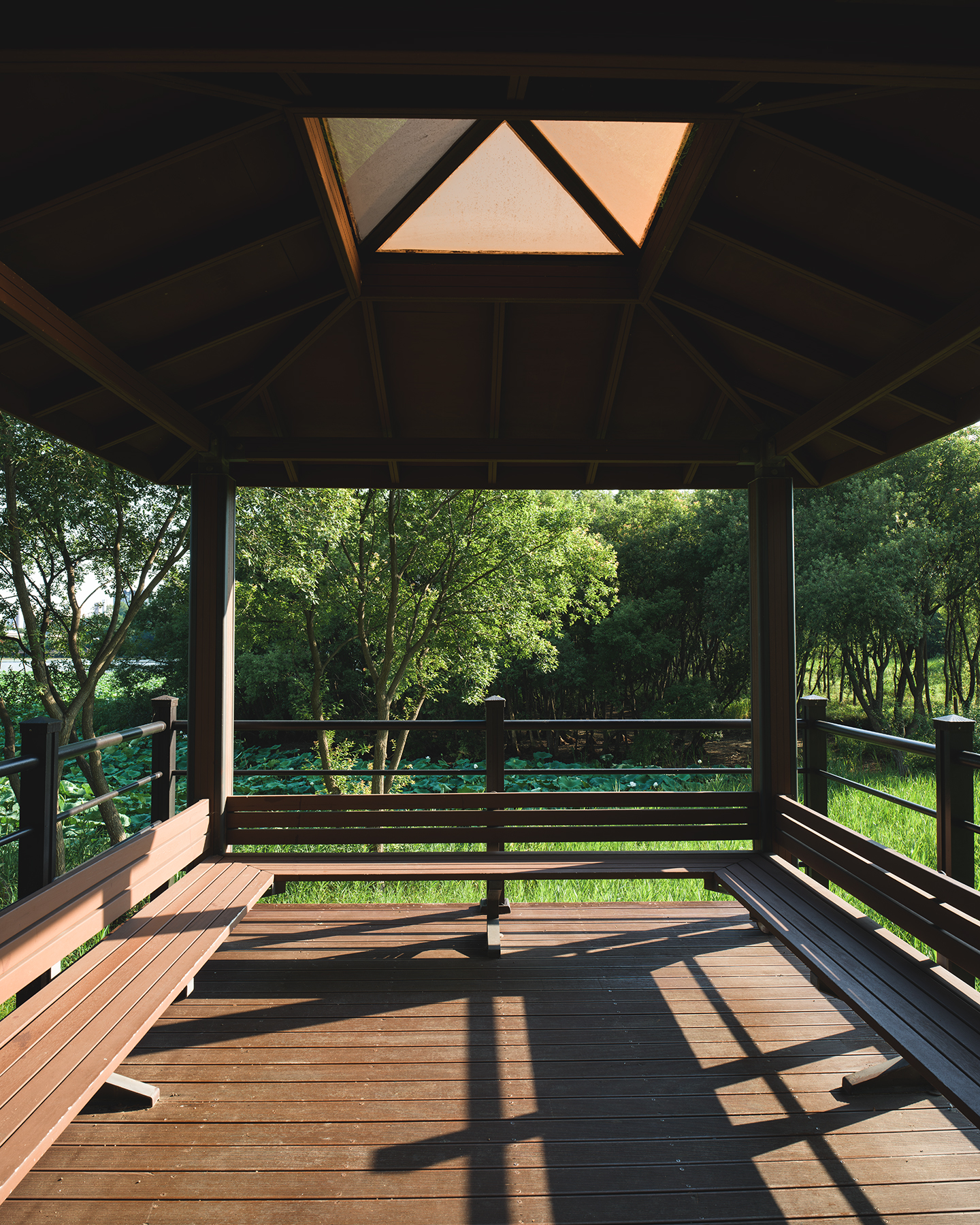 Osong - Sunlight casts sharp shadows across a wooden pavilion with benches, framing lush green trees beyond the railing. - #OsongLakePark #Osong #Cheongju #Chungcheongbukdo #SouthKorea #KoreaTravel #LakePark #LakeView #Lakeside #LakesideWalk