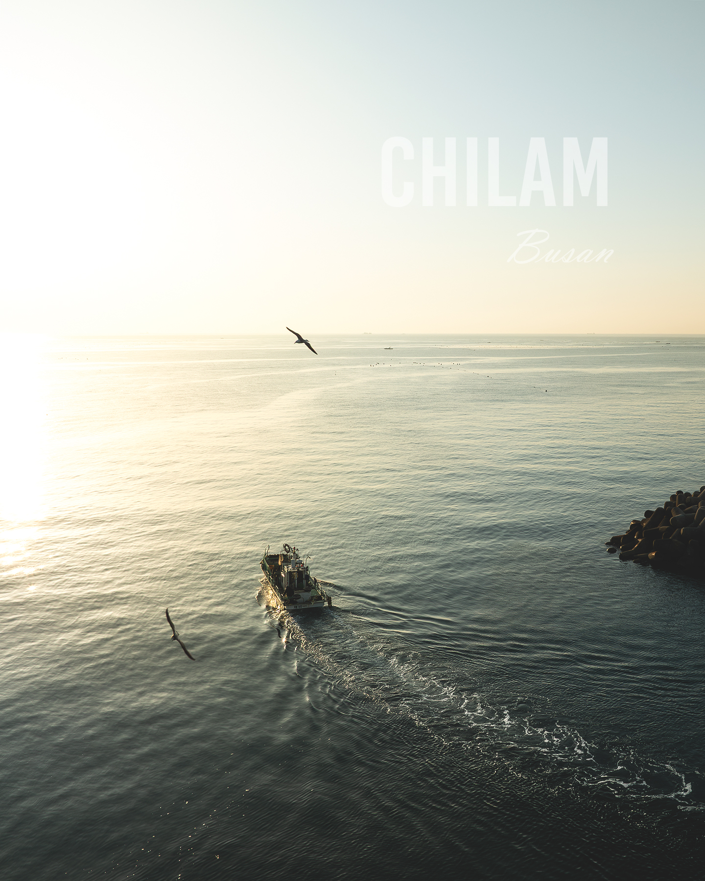 Chilam - A small fishing boat crosses calm sunlit water as gulls fly above, leaving a rippled wake near a breakwater. - #ChilamPort #ChilamHarbor #Gijang #Busan #FishingBoat #KoreanFishingBoat #FishingVillage #CoastalVillage #KoreanCoast #SeaScape