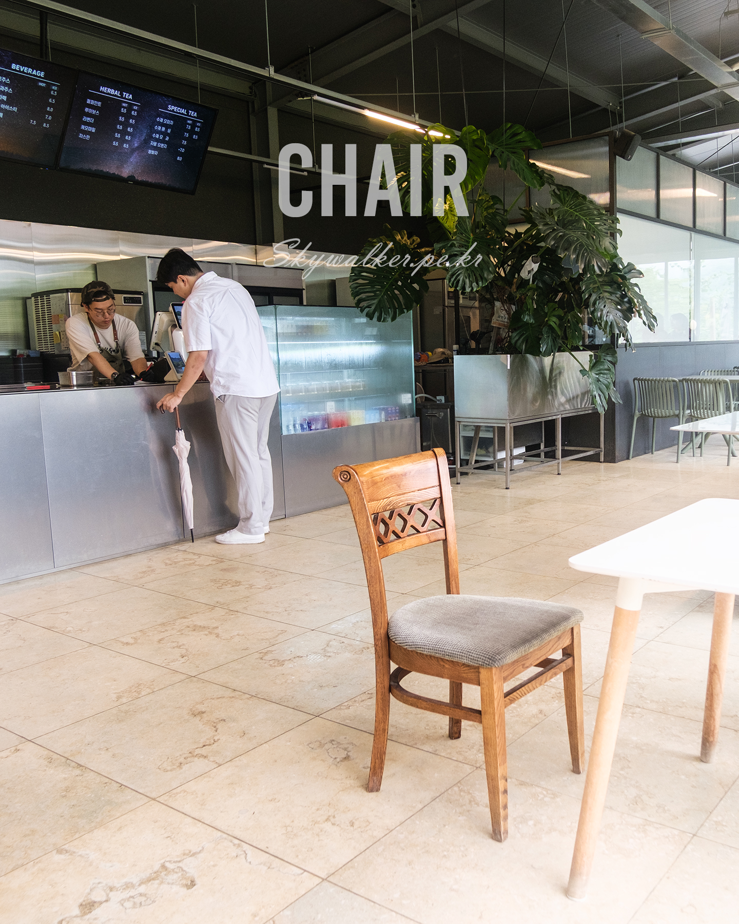Chair - A wooden chair sits in the foreground of a bright cafe interior with a counter, menu boards, large plants, and two people. - #CafeChair #CafeChairs #CafeInterior #CafeDesign #CoffeeShop #CoffeeShopInterior #CafeDecor #InteriorPhotography #InteriorDesign #ChairDesign
