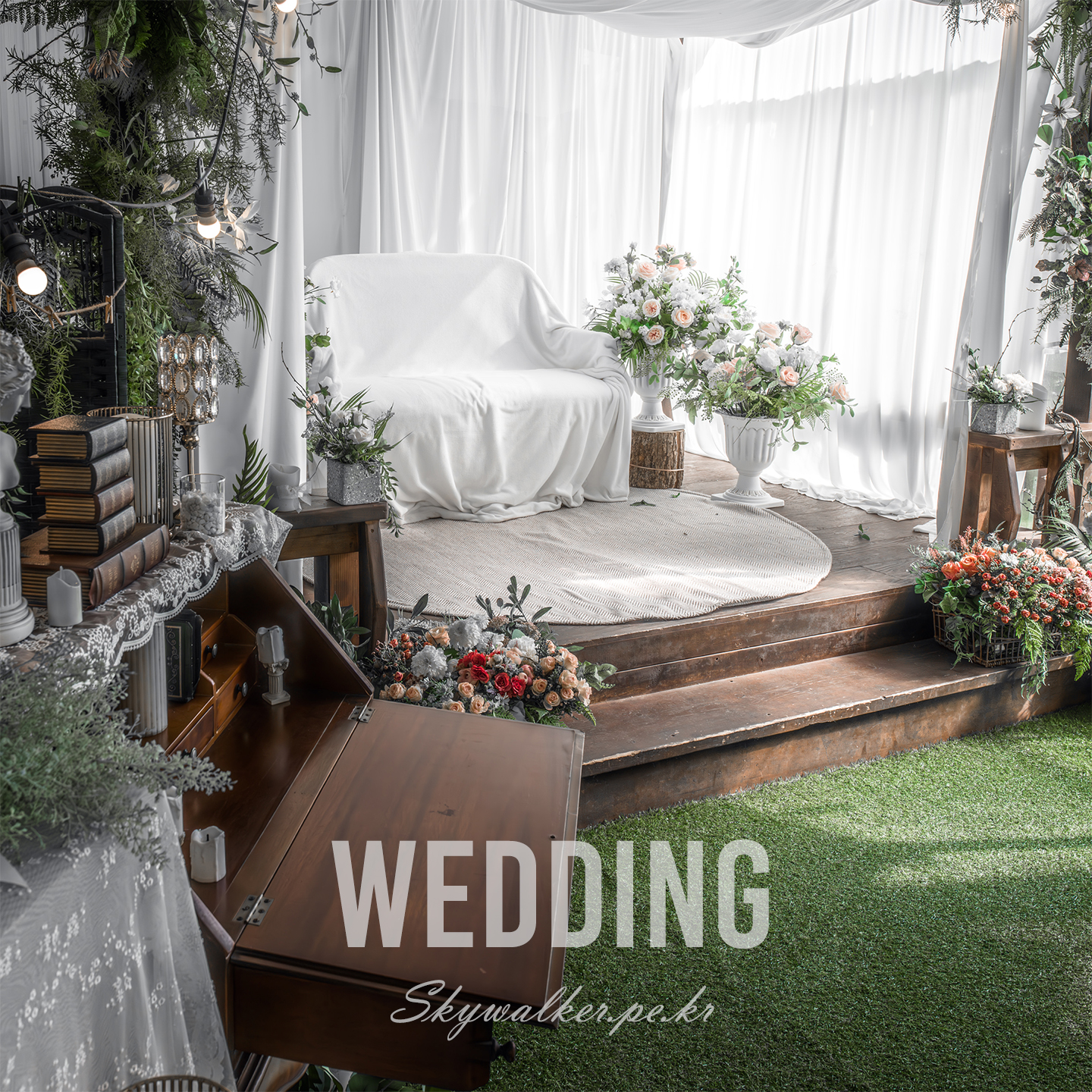 Wedding - A bright wedding photo set features a white draped loveseat, floral arrangements, greenery, and soft window light on a wooden platform. - #WeddingDecor #FloralDesign #WhiteDrapes #Loveseat #Greenery #SoftLight #IndoorSet #RomanticDecor #WoodenPlatform #PhotoBackdrop