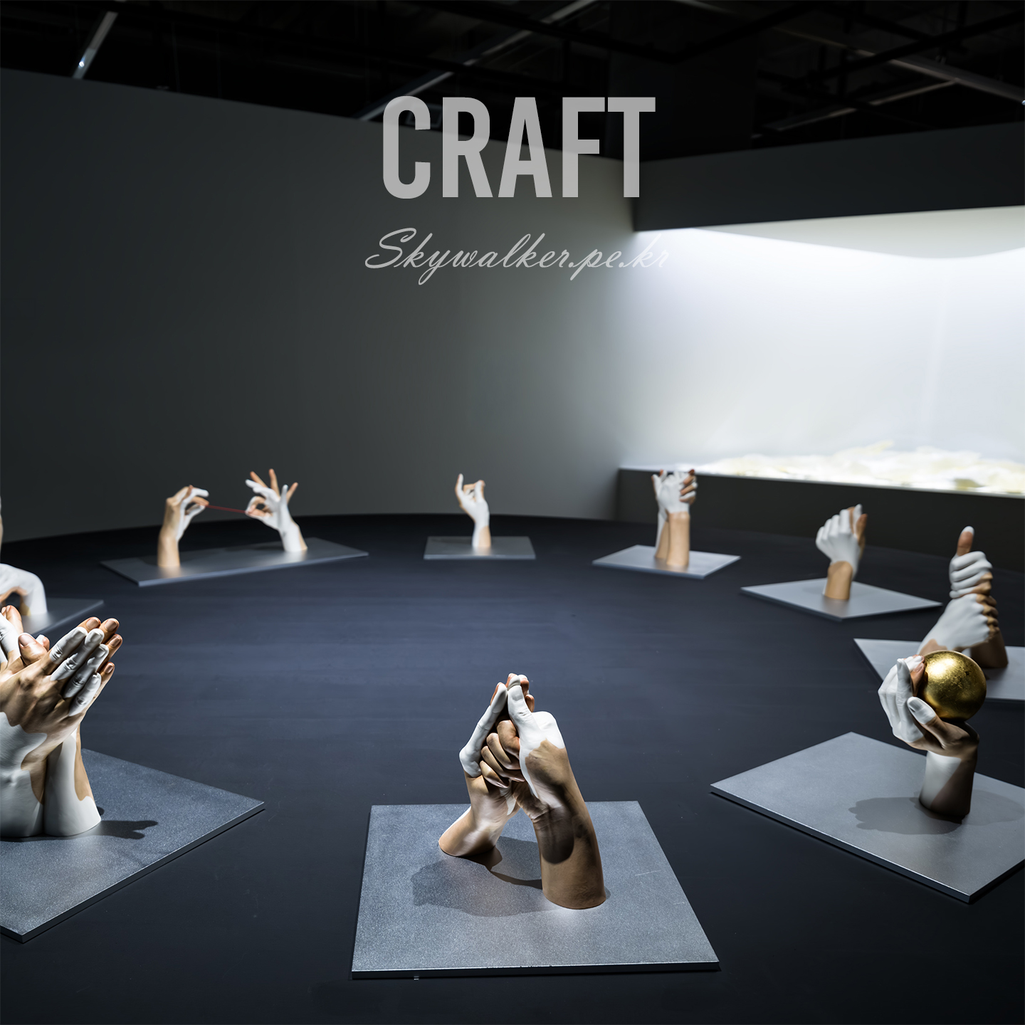 Craft - A dim gallery displays sculptural hands on square plinths, lit by focused overhead light against dark walls. - #Craft #Sculpture #ArtInstallation #Gallery #Hands #ContemporaryArt #Exhibition #LightAndShadow #DarkInterior #MinimalComposition